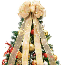 Load image into Gallery viewer, Christmas Tree Topper, Christmas Tree Bow Topper 43x13 Inches Large Toppers Gift Bow Tree Topper Bow Handmade Decoration for Wreaths Tree Toppers (Gold Snow Double Side Bow)