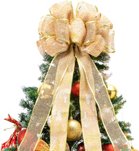 Load image into Gallery viewer, Christmas Tree Topper, Christmas Tree Bow Topper 43x13 Inches Large Toppers Gift Bow Tree Topper Bow Handmade Decoration for Wreaths Tree Toppers (Gold Snow Double Side Bow)