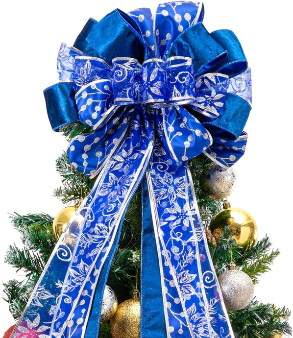 Christmas Tree Topper,Christmas Tree Bow Topper 41x13 Inches Large Toppers Gift Bow Tree Topper Bow Handmade Decoration for Wreaths Tree Toppers (Blue)