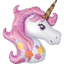 Load image into Gallery viewer, Two large helium-filled unicorn balloons, made of foil, measuring 44 inches each. They are party balloons and decorations for parties and events