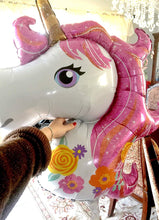 Load image into Gallery viewer, Two large helium-filled unicorn balloons, made of foil, measuring 44 inches each. They are party balloons and decorations for parties and events