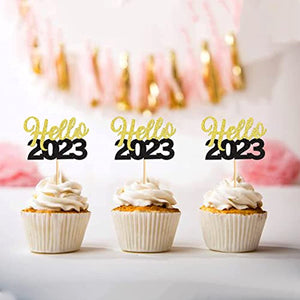 30 Pcs Glitter Happy New Year Cupcake Toppers 2023 Gold Black Cupcake topper Cheers to 2023 Cake Picks for New Years Eve Party Decoration (Hello)