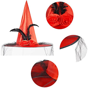 4 pcs Halloween Witch Hat Party Witch Decor w. Soft Lace Meshed Rose Flower and Black Feather Halloween Costume Accessories