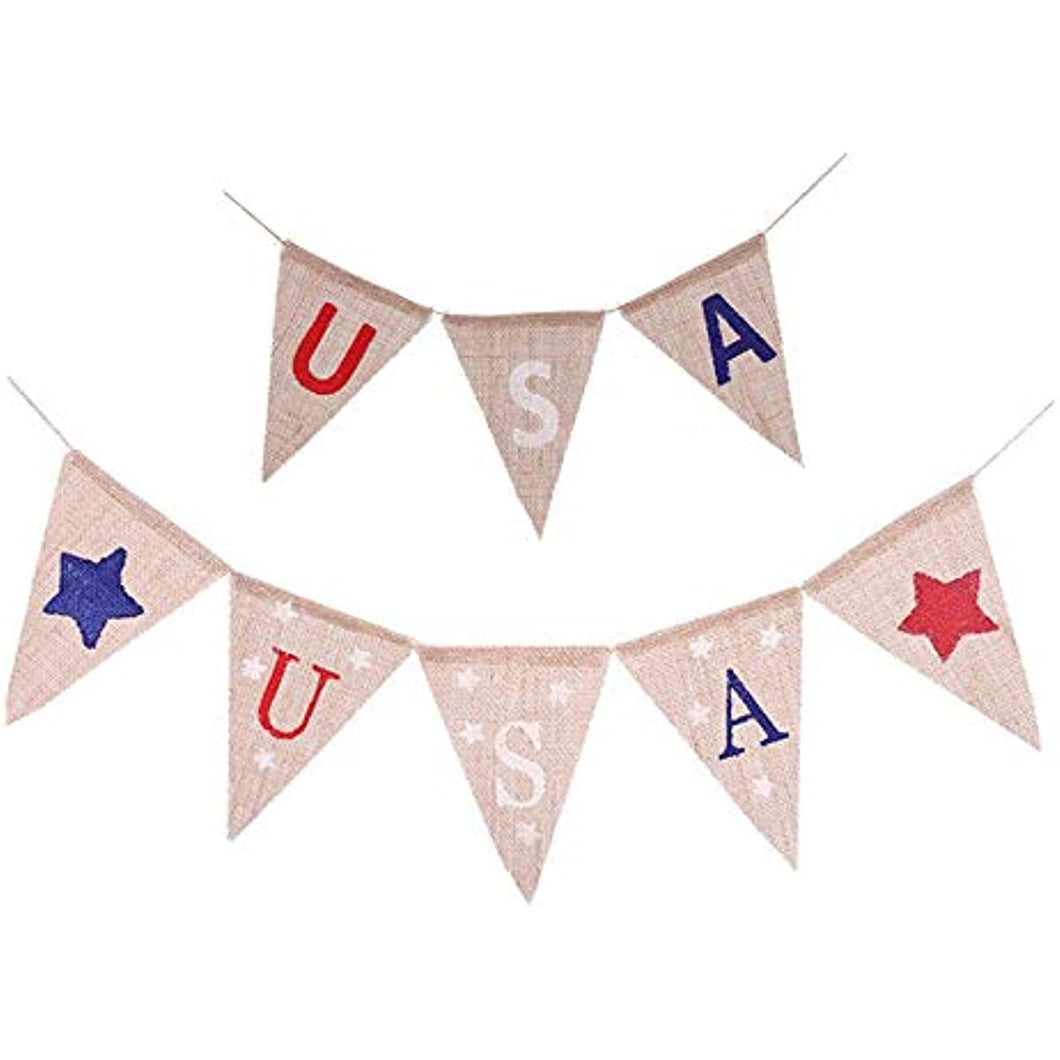 USA Flag American Burlap Banner Independence Day Party Decor White and Blue Stars Banner for 4th of July Decor（triangle2pcs)