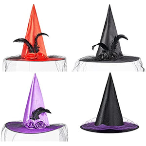 4 pcs Halloween Witch Hat Party Witch Decor w. Soft Lace Meshed Rose Flower and Black Feather Halloween Costume Accessories