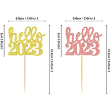 Load image into Gallery viewer, 40 Pcs Glitter New Year Cupcake Toppers Happy 2023 Hello 2023 Gold&amp;Rose Gold Cupcake topper Cheers to 2023 Cake Picks for New Years Eve Party Decoration (Hello 2023