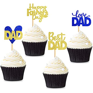 48 Pieces Father's Day Paper Cupcake Decorations Happy Father's Day Blue Golden Glitter Paper Cupcake Toppers Birthday Party Cake Decorations Selected Father's Day Party Birthday Celebration Party Supplies