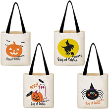 Load image into Gallery viewer, 4 pcs Halloween Canvas Tote Bags, Large Reusable Grocery Shopping Bag for Trick or Treat, Halloween Candy and Snacks, Halloween Trick or Treat Bags,Party Favor Goodie Bags.