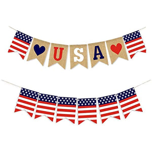 USA Flag American Burlap Banner Independence Day Party Decor White and Blue Stars Banner for 4th of July Decor