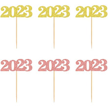 Load image into Gallery viewer, 40 Pcs Glitter New Year Cupcake Toppers Happy 2023 Hello 2023 Gold&amp;Rose Gold Cupcake topper Cheers to 2023 Cake Picks for New Years Eve Party Decoration (2023)