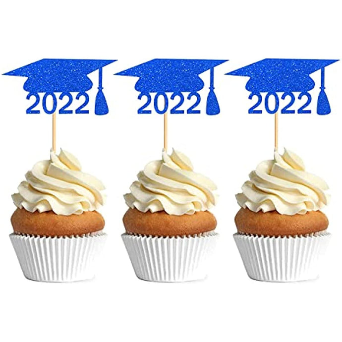 32 Pcs Glitter 2022 Graduation Cupcake Toppers, NO DIY NEEDED 32 PCS Food/Appetizer Picks For Graduation Party Cake Decorations, Diploma, 2022, Grad Cap Set 32 Pieces (blue)