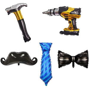 Blue tie, black bow tie, beard, electric screwdriver drill hammer balloon kit, 17 inches each, suitable for Father's Day parties, birthday parties for dads, husbands and boyfriends (5 pieces)