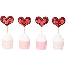 Load image into Gallery viewer, 20 pcs red heart cupcake topper Shiny Fish Scale Sequins Cake Topper Decoration for Sweet Love Theme Wedding Engagement,Valentine&#39;s Day Bridal Shower Party Cake Decors (20pcs Red heart)