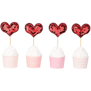 20 pcs red heart cupcake topper Shiny Fish Scale Sequins Cake Topper Decoration for Sweet Love Theme Wedding Engagement,Valentine's Day Bridal Shower Party Cake Decors (20pcs Red heart)