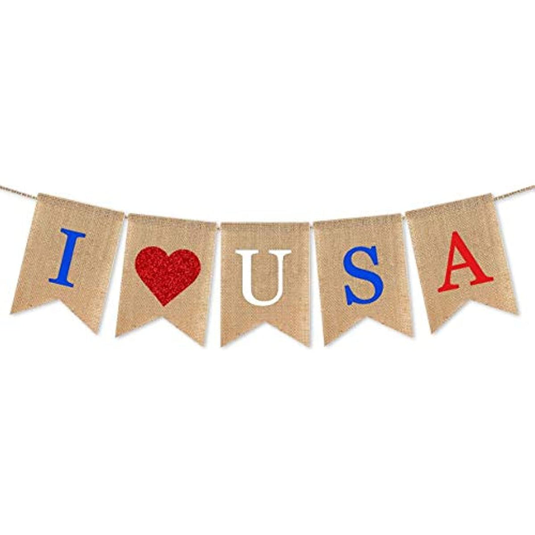 USA Flag American Burlap Banner Independence Day Party Decor White and Blue Stars Banner for 4th of July Decor(I LOVE USA)
