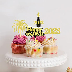 24 Pcs Glitter Happy New Year Cupcake Toppers 2023 Gold Black Cupcake topper Cheers to 2023 Cake Picks for New Years Eve Party Decoration (2023 Gold Black 24pcs)