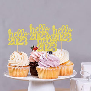 40 Pcs Glitter New Year Cupcake Toppers Happy 2023 Hello 2023 Gold&Rose Gold Cupcake topper Cheers to 2023 Cake Picks for New Years Eve Party Decoration (Hello 2023
