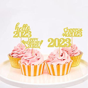 40 Pcs Glitter New Year Cupcake Toppers 2023 Gold Cupcake topper Cheers to 2023 Cake Picks for New Years Eve Party Decoration (2023 Gold 40pcs)