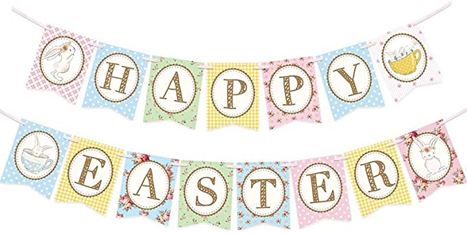 Happy Easter Banners kit, Pink & Blue For Spring Easter Themed Party Decorations Easter Bunting Easter Rabbits Bunny Garland Easter Bunny Cardboard Banner Flag Bunting Easter Spring Sign for Easter Mantle Baby Shower Party Photo Props