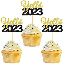 Load image into Gallery viewer, 30 Pcs Glitter Happy New Year Cupcake Toppers 2023 Gold Black Cupcake topper Cheers to 2023 Cake Picks for New Years Eve Party Decoration (Hello)