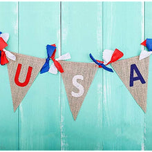 Load image into Gallery viewer, USA Flag American Burlap Banner Independence Day Party Decor White and Blue Stars Banner for 4th of July Decor