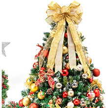 Load image into Gallery viewer, Christmas Tree Topper, Bow Christmas Tree and Wreath Bow - 15&quot; Wide, 30&quot; Long Pre-Tied Bow, Burlap Bow, Door Decoration, Swag, Wreath, Garland, Boxing Day, Fall, Winter, Valentine&#39;s Day (Gold)