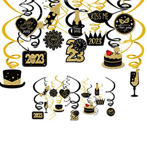 48 pcs Happy New Years Eve Hanging Swirl Decorations, 2023 NYE Glitter Gold Black Decor, NY Theme Party Supplies Pack, Eve-Nye Party Favors for Adult, Foil Home Decorating Kit (Star WoW)