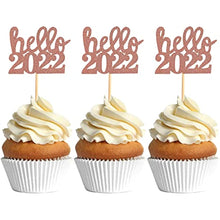 Load image into Gallery viewer, 18 Pcs Glitter New Year Cupcake Toppers Hello 2022 Rose Gold Gold Funny Cupcake topper Cheers to 2022 Cake Picks for New Years Eve Party Decoration (18pcs)