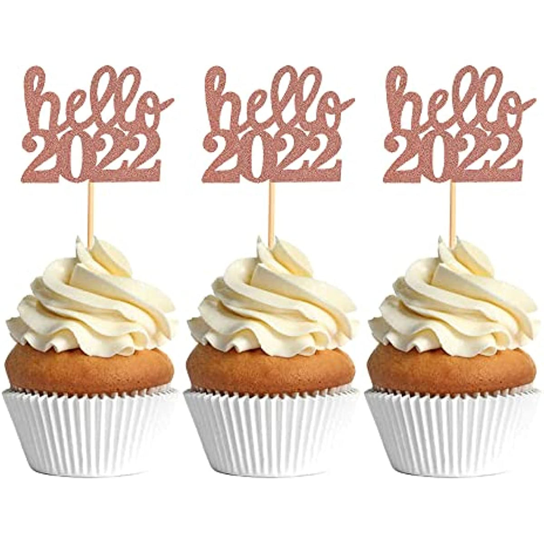 18 Pcs Glitter New Year Cupcake Toppers Hello 2022 Rose Gold Gold Funny Cupcake topper Cheers to 2022 Cake Picks for New Years Eve Party Decoration (18pcs)