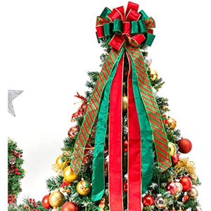 Christmas Tree Topper,Christmas Tree Bow Topper 44x13 Inches Large Toppers Gift Bow Tree Topper Bow Handmade Decoration for Wreaths Tree Toppers (Red Green)