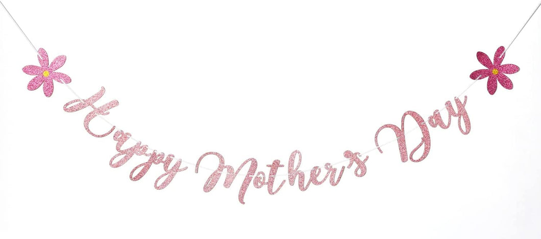 Happy Mother's Day Banner Set Decoration for Mother's Day Party Decorations Backdrop Garland for Mom Mother's Day Glitter Garland Photo Props (Rose Gold Pink Flower)