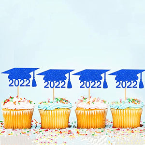 32 Pcs Glitter 2022 Graduation Cupcake Toppers, NO DIY NEEDED 32 PCS Food/Appetizer Picks For Graduation Party Cake Decorations, Diploma, 2022, Grad Cap Set 32 Pieces (blue)