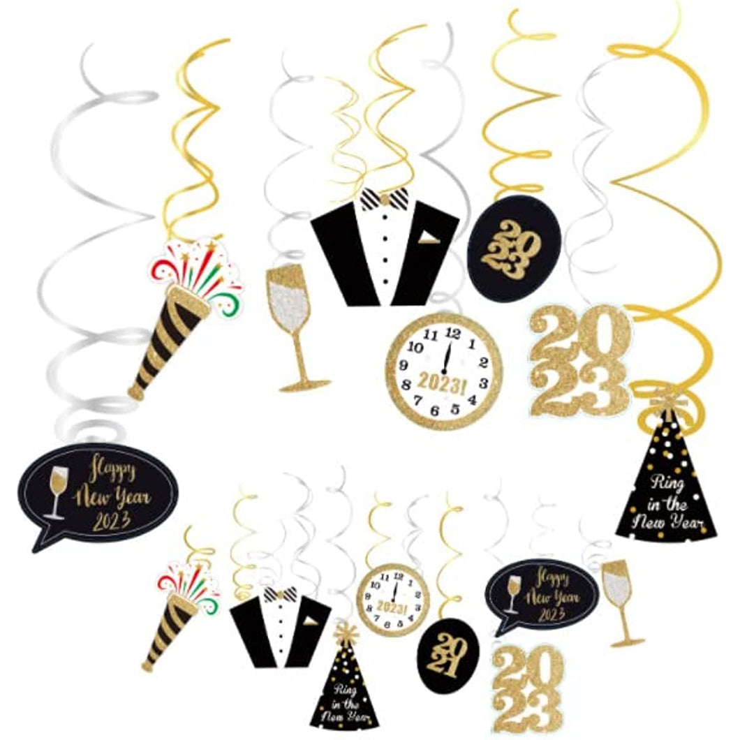 32 PCS Happy New Years Eve Hanging Swirl Decorations, 2023 NYE Glitter Gold Black Decor, NY Theme Party Supplies Pack, Eve-Nye Party Favors for Adult, Foil Home Decorating Kit(clock)