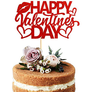 Happy Valentine's Day Cake Toppers Pick Glitter Cake Topper 8.2 X 5.9 inch Decoration for Sweet Love Theme Wedding Engagement,Valentine's Day Bridal Shower Party Cake Decors (Red)