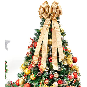 Christmas Tree Topper,Christmas Tree Bow Topper 37x13 Inches Large Toppers Gift Bow Tree Topper Bow Handmade Decoration for Wreaths Tree Toppers (Double Side) (Gold)