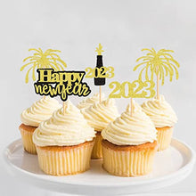Load image into Gallery viewer, 24 Pcs Glitter Happy New Year Cupcake Toppers 2023 Gold Black Cupcake topper Cheers to 2023 Cake Picks for New Years Eve Party Decoration (2023 Gold Black 24pcs)