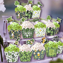 Load image into Gallery viewer, 64 PCS Green Shamrock Cupcake Toppers and Cupcake Wrapper for St Patrick&#39;s Day Party Birthday Party Baby Shower Wedding Party Decorations (green)