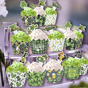 64 PCS Green Shamrock Cupcake Toppers and Cupcake Wrapper for St Patrick's Day Party Birthday Party Baby Shower Wedding Party Decorations (green)