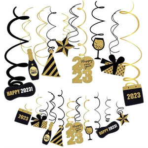 32 Pcs Happy New Years Eve Hanging Swirl Decorations, 2023 NYE Glitter Gold Black Decor, NY Theme Party Supplies Pack, Eve-Nye Party Favors for Adult, Foil Home Decorating Kit