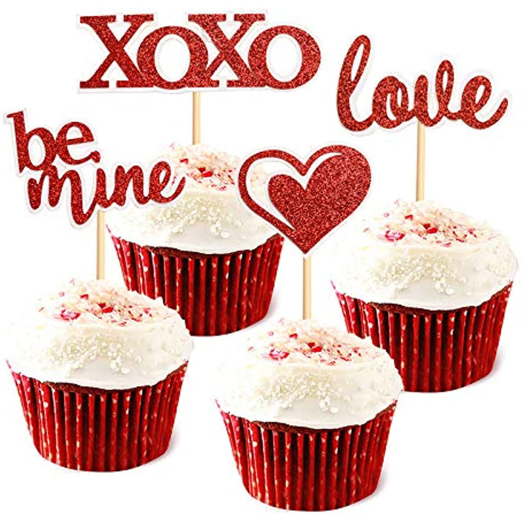 32 PCS Glitter Red Heart Love XOXO Be Mine Cake Toppers Picks for Sweet Love Theme Wedding Engagement,Valentine's Day Bridal Shower Party Cake Decors