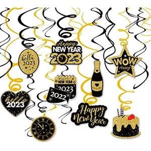 48 pcs Happy New Years Eve Hanging Swirl Decorations, 2023 NYE Glitter Gold Black Decor, NY Theme Party Supplies Pack, Eve-Nye Party Favors for Adult, Foil Home Decorating Kit (Star WoW)