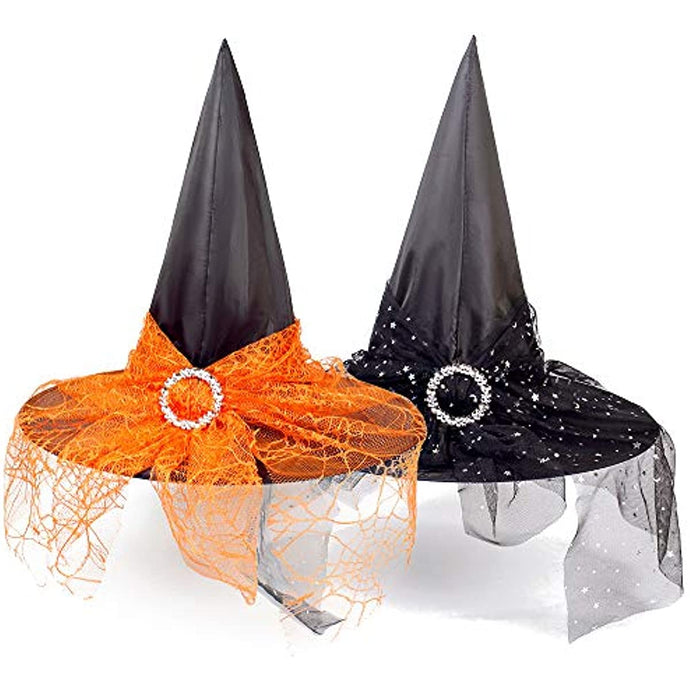 4 pcs Halloween Witch Hat Halloween Vintage Witch Hat, See-Through Lace Veils Printed Hats Party Supplies Halloween Costume Accessories