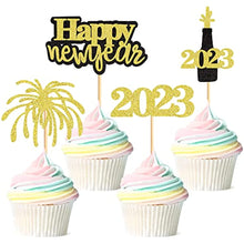 Load image into Gallery viewer, 24 Pcs Glitter Happy New Year Cupcake Toppers 2023 Gold Black Cupcake topper Cheers to 2023 Cake Picks for New Years Eve Party Decoration (2023 Gold Black 24pcs)