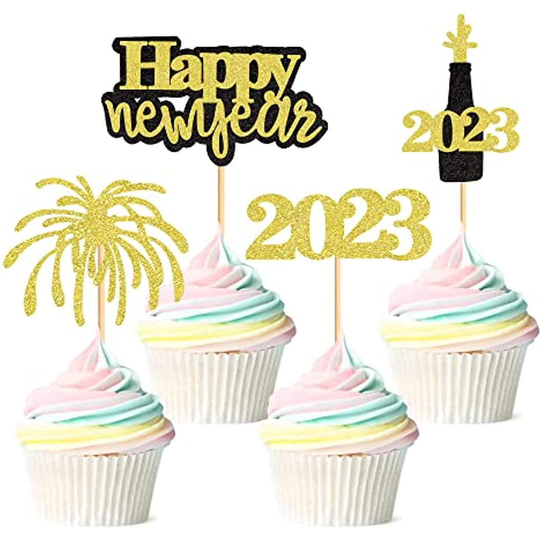 24 Pcs Glitter Happy New Year Cupcake Toppers 2023 Gold Black Cupcake topper Cheers to 2023 Cake Picks for New Years Eve Party Decoration (2023 Gold Black 24pcs)