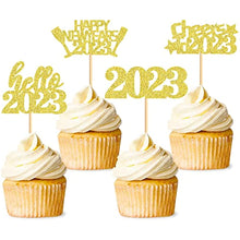 Load image into Gallery viewer, 40 Pcs Glitter New Year Cupcake Toppers 2023 Gold Cupcake topper Cheers to 2023 Cake Picks for New Years Eve Party Decoration (2023 Gold 40pcs)