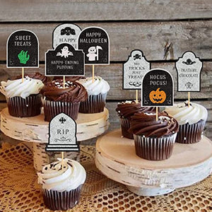 24 pcs Halloween Tombstone Cupcake Toppers Gravestone Cake Toppers Ghost Boo Glitter Trick or Treat Cupcake Topper muffin for Halloween, Birthday Decoration Party Supply (Tombstone)
