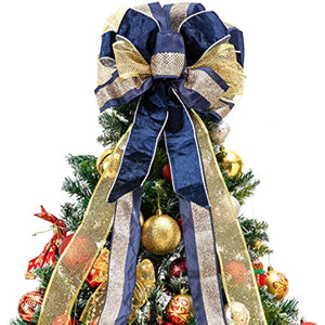 Christmas Tree Topper,Christmas Tree Bow Topper 33x13 Inches Large Toppers Gift Bow Tree Topper Bow Handmade Decoration for Wreaths Tree Toppers (Blue Gold)