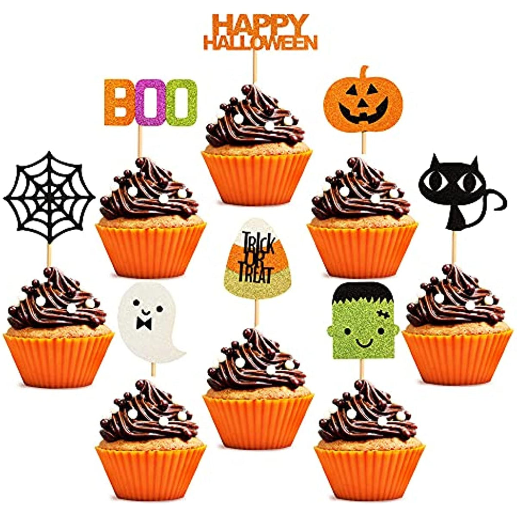 32 pcs Halloween Ghost Boo Glitter Cupcake Toppers Ghost Boo 32 Pack Cupcake Topper muffin for Halloween, Birthday Decoration Party Supply(Frankenstein）