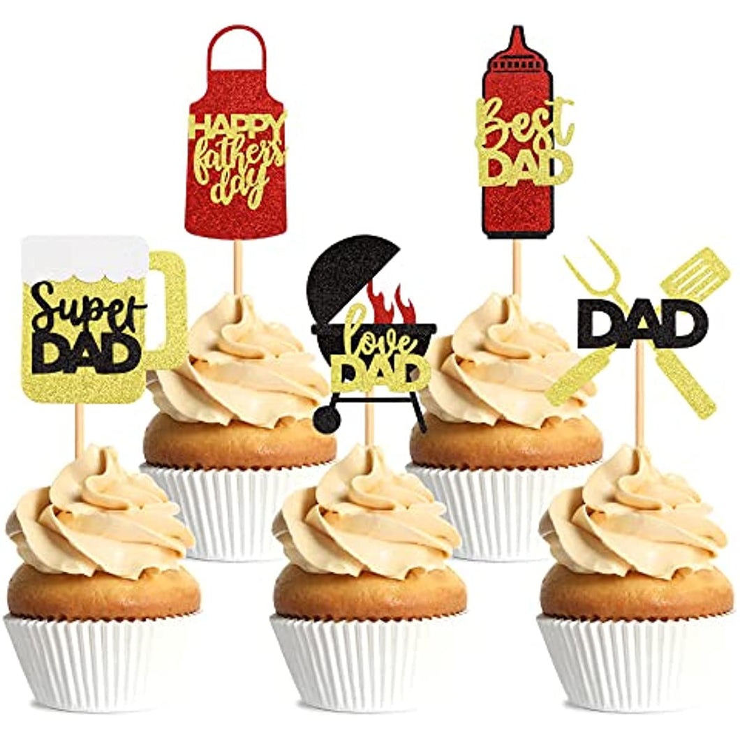 35 Father's Day Paper Cupcake Decorations BBQ Themed Happy Father's Day Red and Gold Glitter Paper Cupcake Decorations Birthday Party Cupcake Decorations Selected Father's Birthday Party Celebration Party Supplies (BBQ)