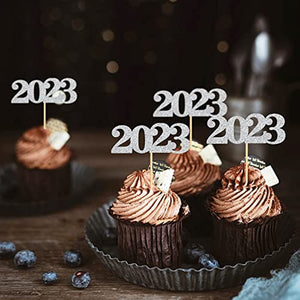40 Pcs Glitter New Year Cupcake Toppers 2023 Silver Cupcake topper Cheers to 2023 Cake Picks for New Years Eve Party Decoration (2023 silver 40pcs)